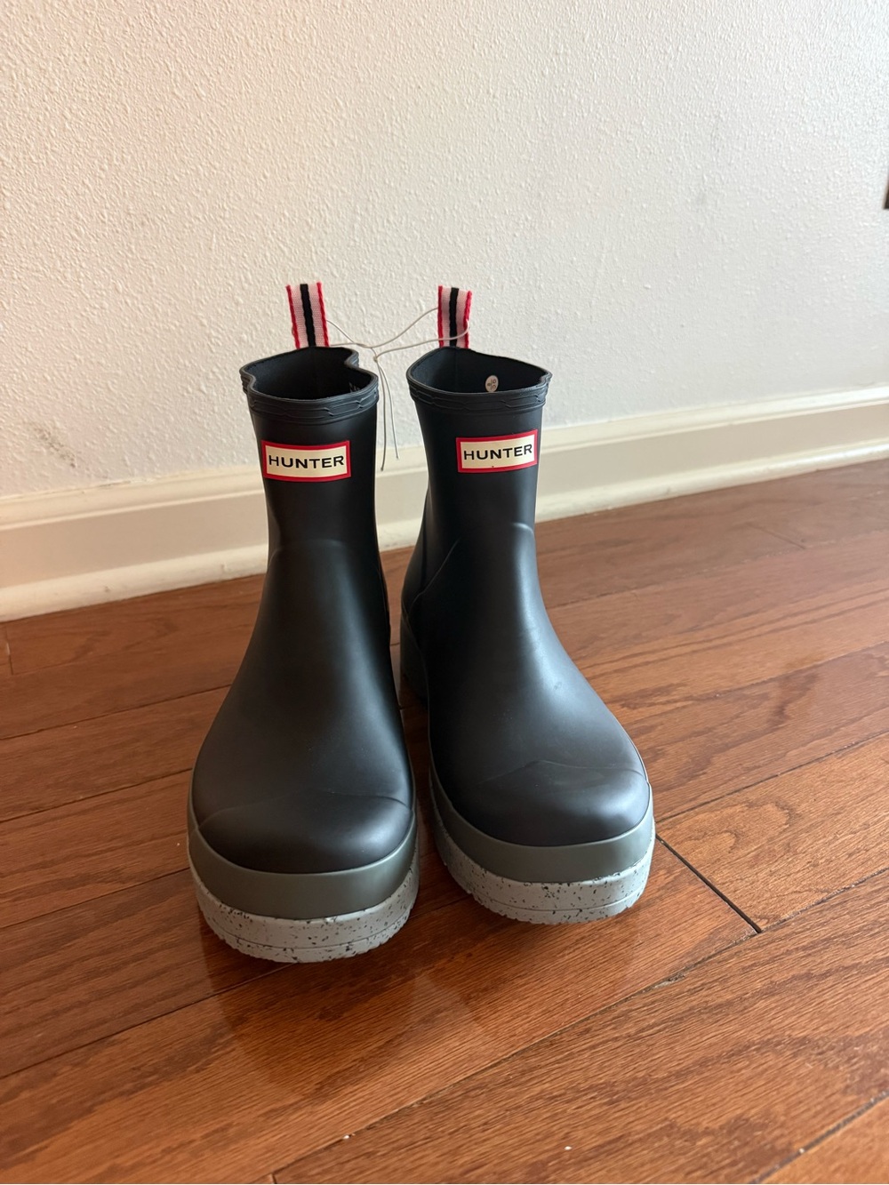 Hunter Black Ankle Rain Booties with Gray Platform and Red-Trim Pull Tabs